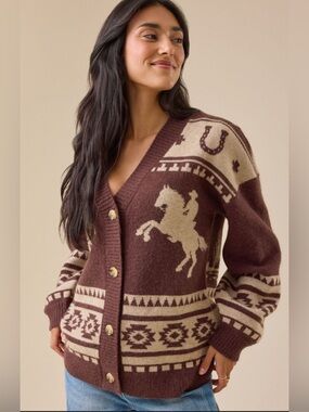 Women’s Brown Western Button-Front Cardigan Sweater Altar’d State